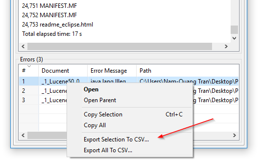 CSV-Export von Indizierungsfehlern