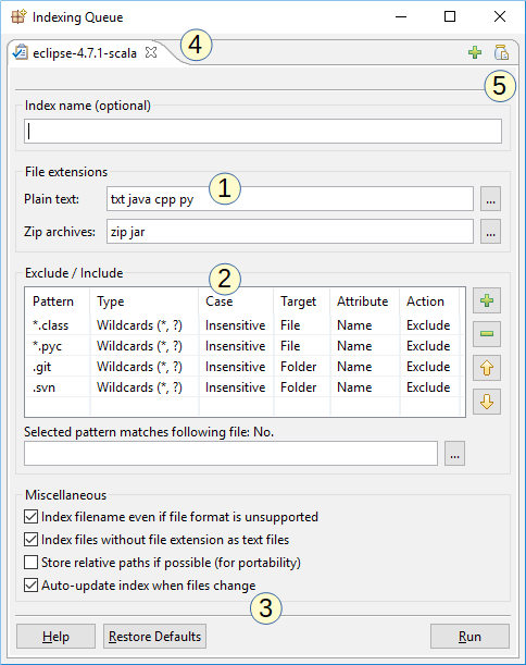 Indexing dialog