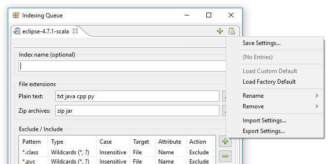 Menu to load and save indexing settings