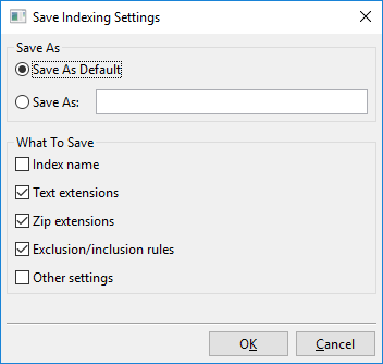Dialog for saving indexing settings