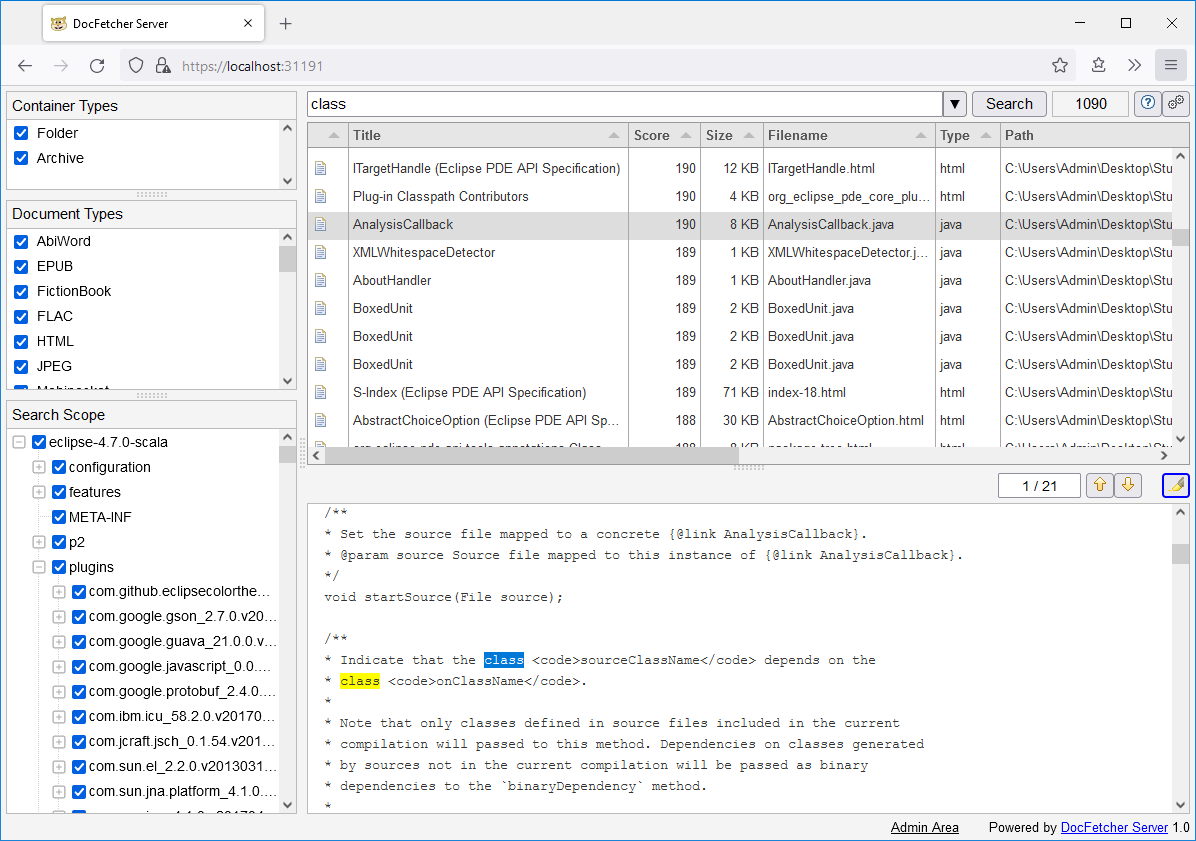 DocFetcher Server main window